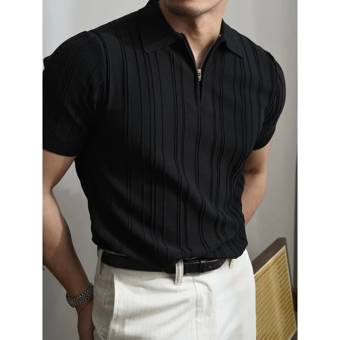 Polo Homme Décontracté à Fermeture Éclair