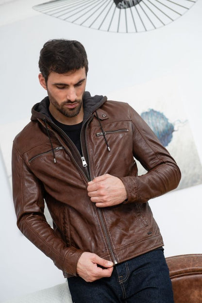 Veste en cuir PU avec capuche pour homme