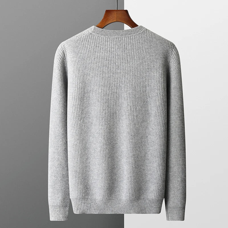 Autumn and winter 100% merino wool men's O neck sweater thick jacquard loose business casual knit pullover loose warm shirt top